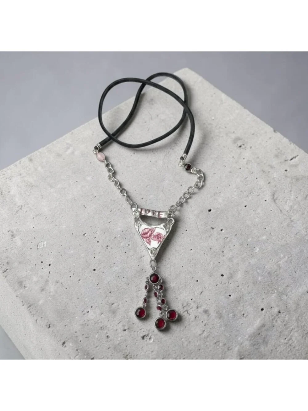 Repurposed Porcelain Love Banner Necklace - Vintage Garnet Tassel - Silver Chain